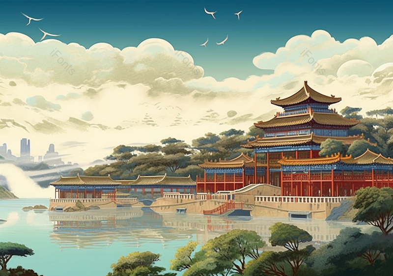 蓝色白云天空国潮古建筑湖景湖泊宫殿白云国风插画,插画/手绘图,插画/手绘图库,插画/手绘图下载,插画/手绘